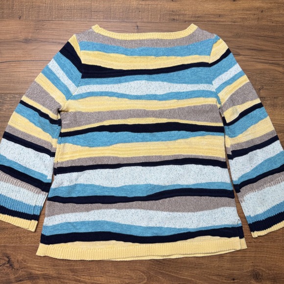 Chico's Striped Pullover Sweater 0 Small Aquatic Teal Bell Sleeve Yellow Black - Picture 3 of 6